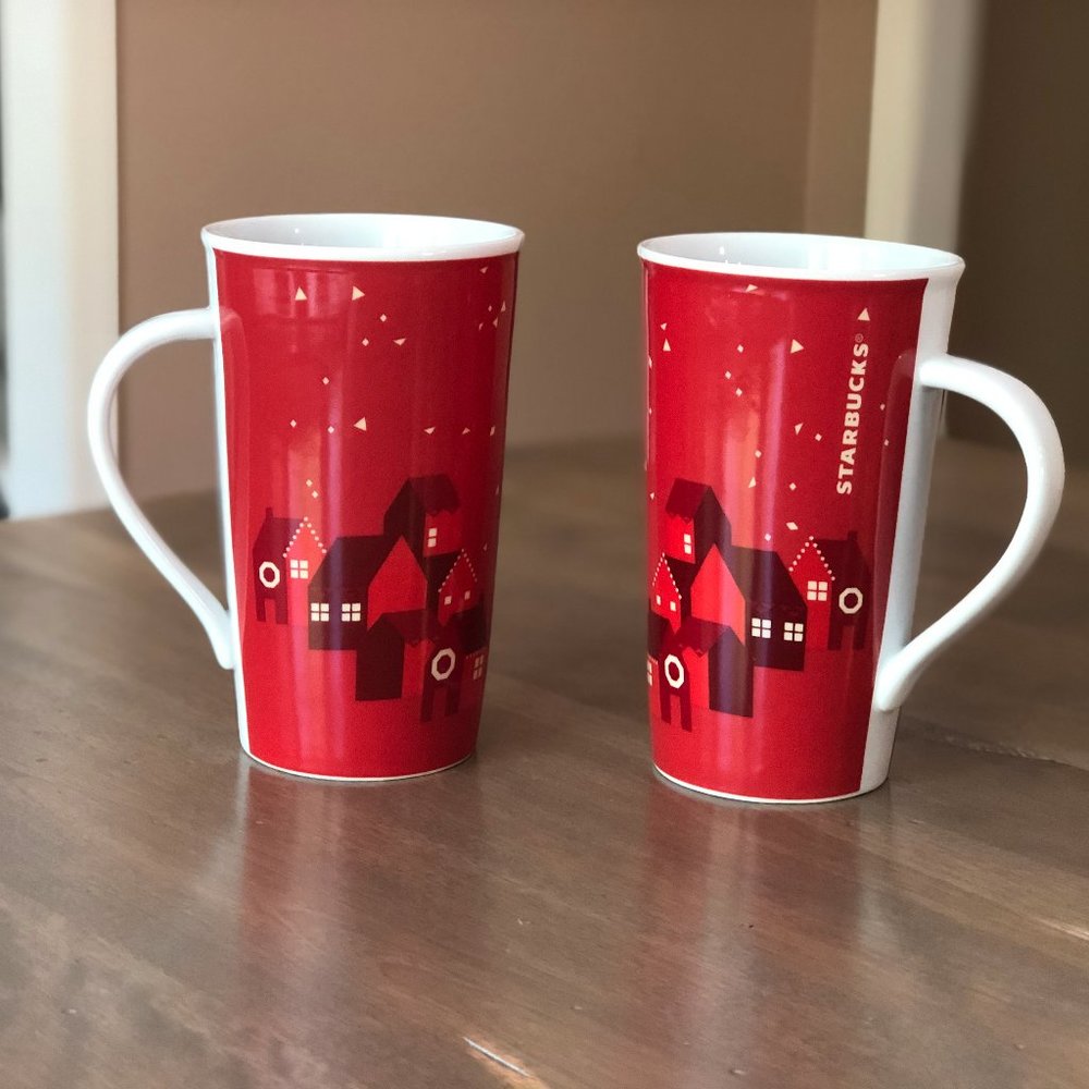 2 Tall Starbucks mugs, Holiday Xmas Red Village